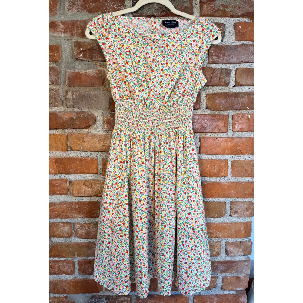 Kate Spade New York Floral Smocked Waist Dress Sleeveless Pockets Multi Color S‎